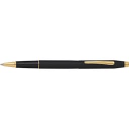 A black ballpoint pen with gold accents and a clip, featuring a sleek, classic design and a branding logo.