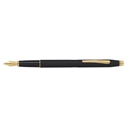 A fountain pen with a classic black barrel and gold accents, featuring a detailed nib and a clip.