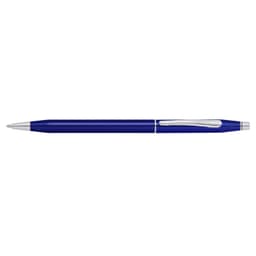 A ballpoint pen with a translucent blue lacquer finish and silver accents, featuring a clip and branding.