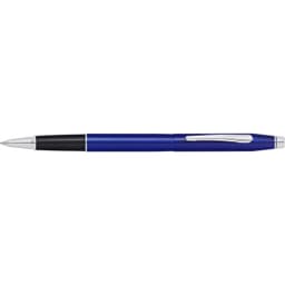 A retractable rollerball pen in translucent blue lacquer with a silver trim and a black grip. Features a logo.