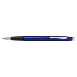 A fountain pen in translucent blue lacquer with a black grip and silver accents, featuring a logo.