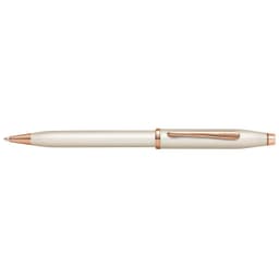 A pen in pearlescent white with rose gold accents, featuring a clip and branding.