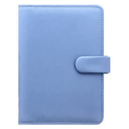 A portfolio organiser in a soft vista blue colour with a secure closure and textured surface. Features a logo.