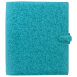 Aqua leather A5 organiser with a textured finish and a button closure, featuring a logo.