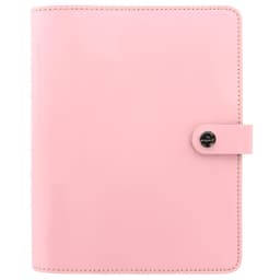 A pink A5 organiser made of patent leather with a button closure and a logo. Ideal for office use.