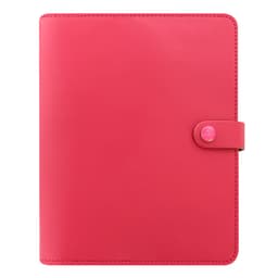 A coral leather A5 organiser with a button closure and branding on the front.
