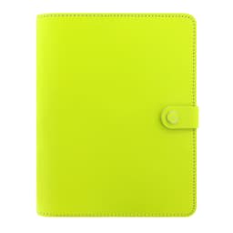 A bright green A5 organiser made of pear leather, featuring a snap closure and a logo.