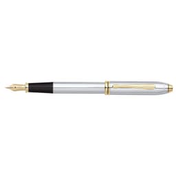 A fountain pen in chrome and black with a gold nib and detailed band, featuring a logo on the barrel.