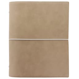A fawn-coloured A5 organiser with a smooth finish and an elastic closure, featuring a branding logo.