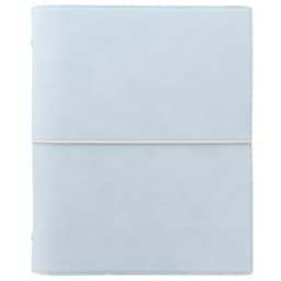 A pale blue A5 organiser with a soft texture and an elastic closure, featuring a logo.