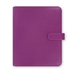 A raspberry A5 organiser with a smooth finish and a secure clasp closure. Features a logo on the cover.