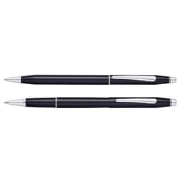 A black lacquer ballpoint pen and a black lacquer rollerball pen, both featuring silver accents and a logo.