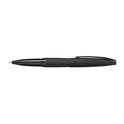 A sleek black pen with a brushed finish and etched design, featuring a clip and a logo.