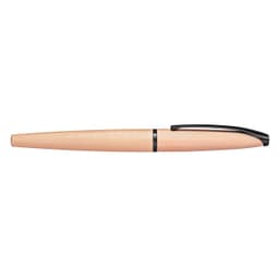 A pen in brushed rose gold with an etched diamond pattern and a black clip, featuring minimalistic design.