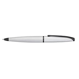 A sleek brushed chrome pen with an etched diamond pattern and a black clip. It features a logo on the pen body.
