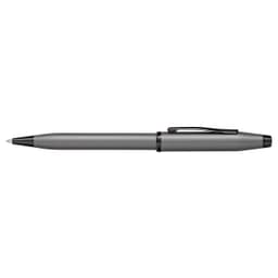 A pen in gunmetal grey with a black grip, featuring a clip and a branding logo.