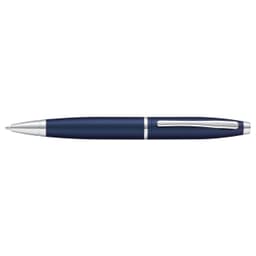 A pen in metallic midnight blue with silver accents and a branding logo.