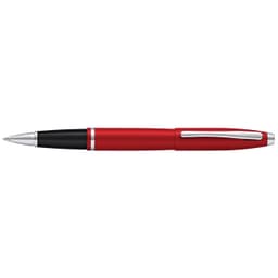 A pen featuring a matt metallic crimson body with black accents and a silver clip, displaying a logo on the side.