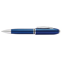 A pen in a vibrant blue colour with a silver clip and detailing, featuring a sleek design.
