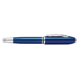 A pen in a glossy blue finish with silver accents and a clip, featuring a textured design.