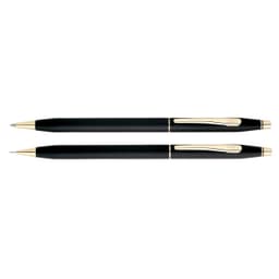 A black pen and pencil set with gold accents, featuring a sleek design and a branding logo.