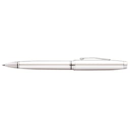 A sleek pen with a lustrous chrome finish, featuring a clip and a streamlined design. It has a branding logo visible.