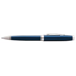 A pen with a blue lacquer finish and chrome accents, featuring a clip and a sleek design.