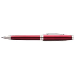 A pen with a red lacquer finish and chrome accents, featuring a clip and a branding logo.