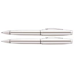A set of lustrous chrome ballpoint and mechanical pens with a sleek design and a logo.