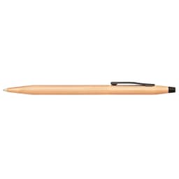 A sleek brushed rose gold pen with a textured grip and a black clip. Features a logo on the side.