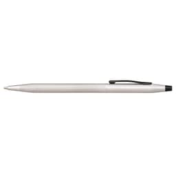 A brushed chrome ballpoint pen with a textured finish and a black clip. It features a sleek, elegant design.
