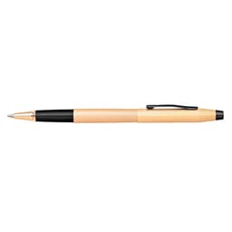 A pen featuring a brushed rose gold PVD finish with a black barrel and a textured grip. It has a branding logo.