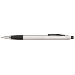 A sleek brushed chrome pen with a black grip and a silver clip, featuring a textured finish.