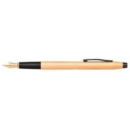 A fountain pen in brushed rose gold PVD with a black section and a nib, featuring a sleek design and clip.