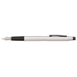 A brushed chrome fountain pen featuring a textured grip and a black clip. It includes a branding logo.