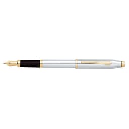 A fountain pen with a shiny silver barrel, gold accents, and a black grip section. It features a logo on the clip.
