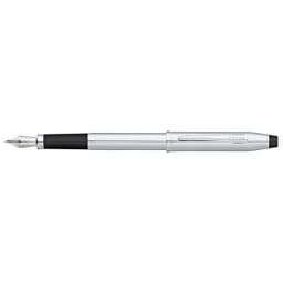 A fountain pen in lustrous chrome with a black grip, featuring a clip and a branding logo.