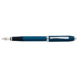 A fountain pen featuring a blue lacquer finish with a silver clip and accents. The nib is gold-toned and elegant.
