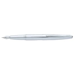A fountain pen in pure chrome finish with a sleek design and a clip, featuring a brand logo.