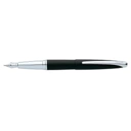 A fountain pen in basalt black with silver accents and a sleek design. It features a branding logo.