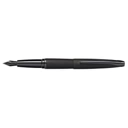 A fountain pen with a brushed black finish and etched diamond pattern, featuring a logo on the body.