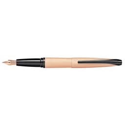 A fountain pen in brushed rose gold with etched diamond patterns and a black cap, featuring a logo on the barrel.