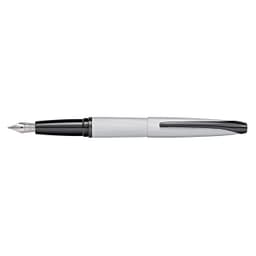 A fountain pen in brushed chrome with a diamond-etched pattern and black accents, featuring a branding logo.