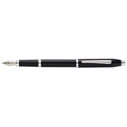 A black lacquer fountain pen featuring silver accents and a decorated nib, complete with a branding logo.
