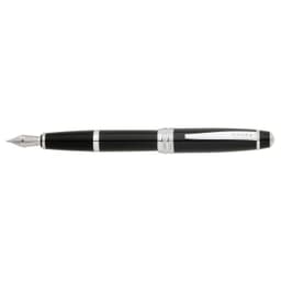 A black lacquer fountain pen with silver accents and a sleek design, featuring a branding logo.