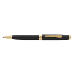 A pen with a sleek black lacquer finish and gold accents, featuring a branded logo.