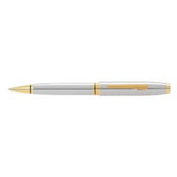 A pen featuring a lustrous chrome body with gold accents and a logo on the clip.
