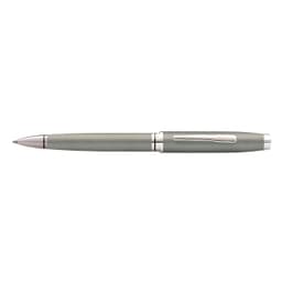 A pen in gun metal grey with chrome accents, featuring a sleek design and a branding logo.