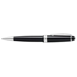 A sleek black polished resin ballpoint pen with silver accents and a clip, featuring a logo.