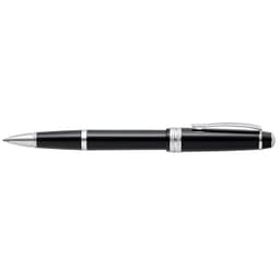 A black polished resin pen with silver accents and a clip, featuring a logo.